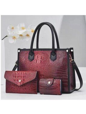 3-IN-1 Large Faux Crocodile  Crossbody Bag with Matching Pouch Set Dark Red